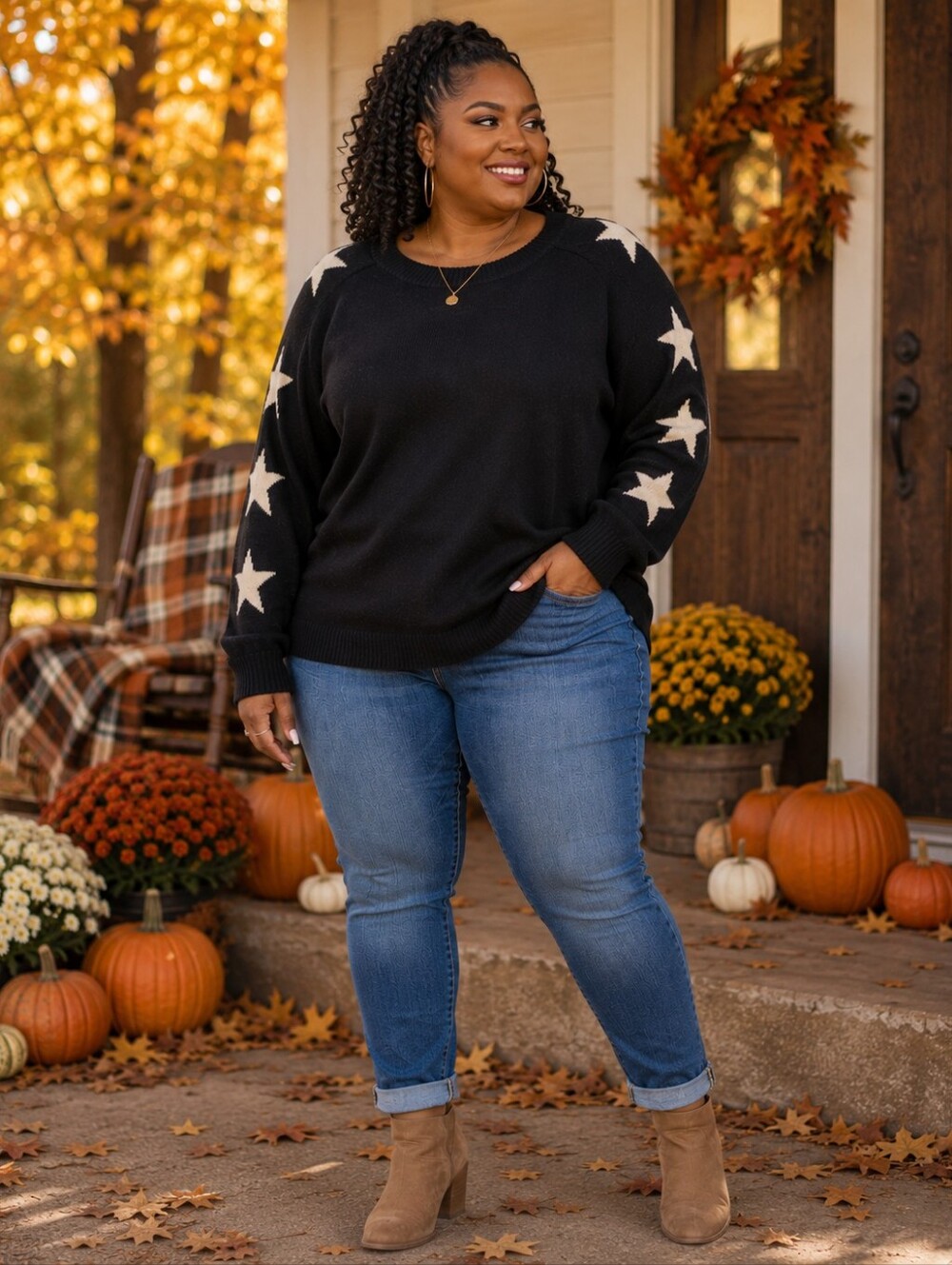 Sweet Romeo 3X Black Camel Star Sleeve Oversized Sweater NWT
